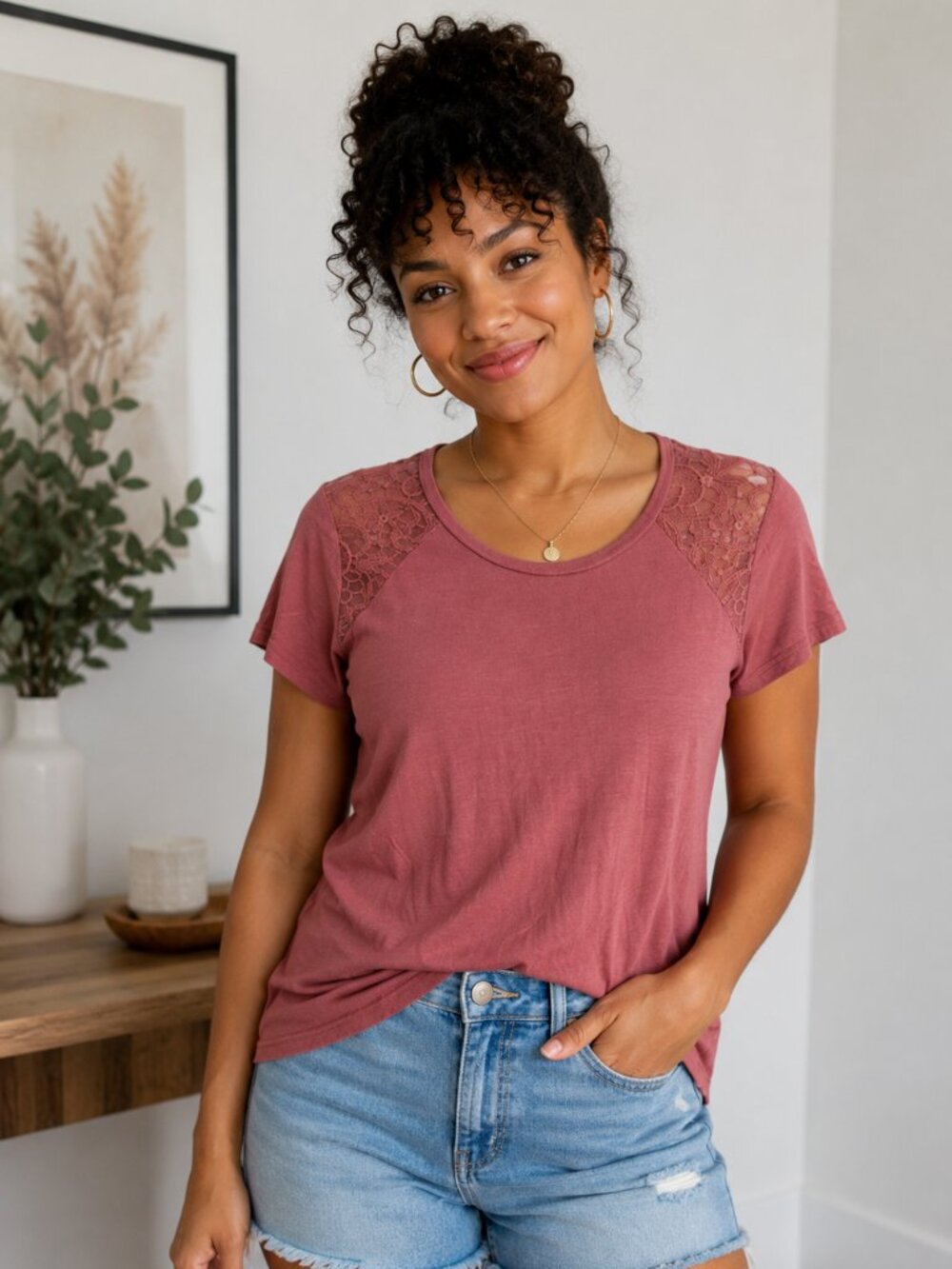 American Eagle Soft & Sexy Lace Shoulder Tee Women's Small Pink Short Sleeve Top